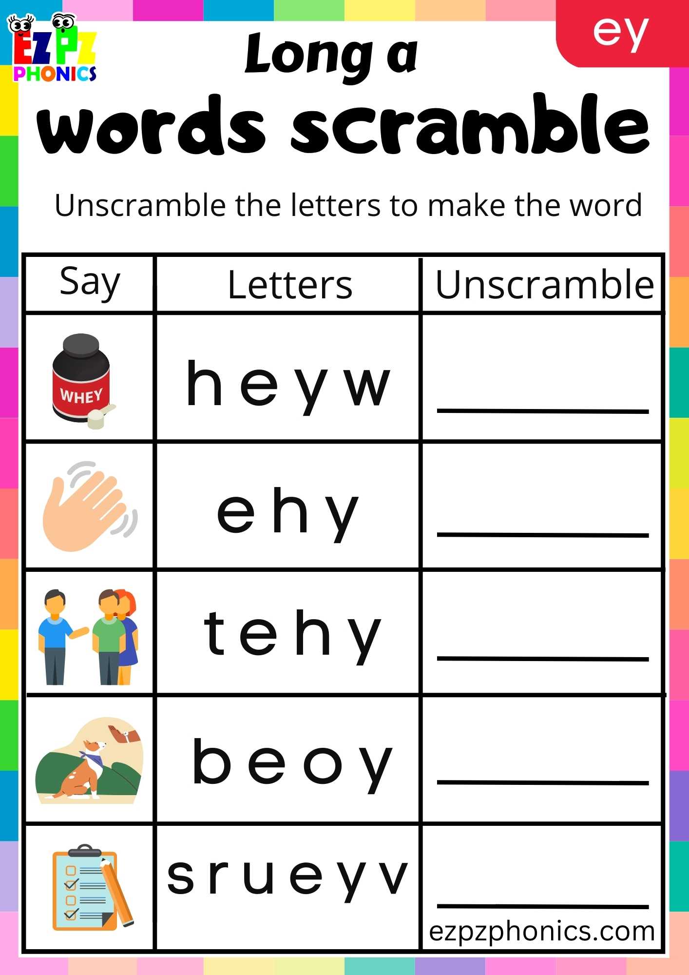 EY Words Words Scramble Long A Phonics Worksheet